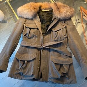 Balenciaga coat with fur collar, rose gold hardware. Beautiful piece